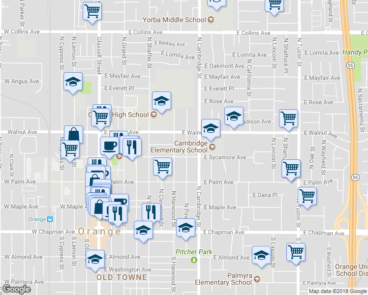 map of restaurants, bars, coffee shops, grocery stores, and more near 436 North Pine Street in Orange