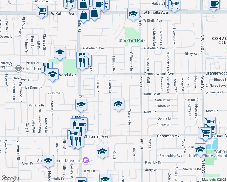 map of restaurants, bars, coffee shops, grocery stores, and more near 2200 South Loara Street in Anaheim