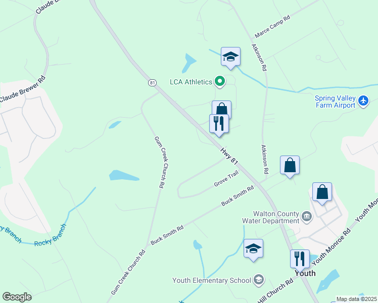 map of restaurants, bars, coffee shops, grocery stores, and more near 4060 Grove Trail in Loganville
