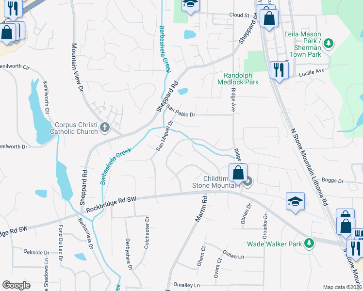 map of restaurants, bars, coffee shops, grocery stores, and more near 5218 West Rockborough Court in Stone Mountain