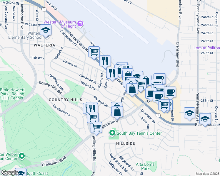 map of restaurants, bars, coffee shops, grocery stores, and more near 25240 Denny Road in Torrance