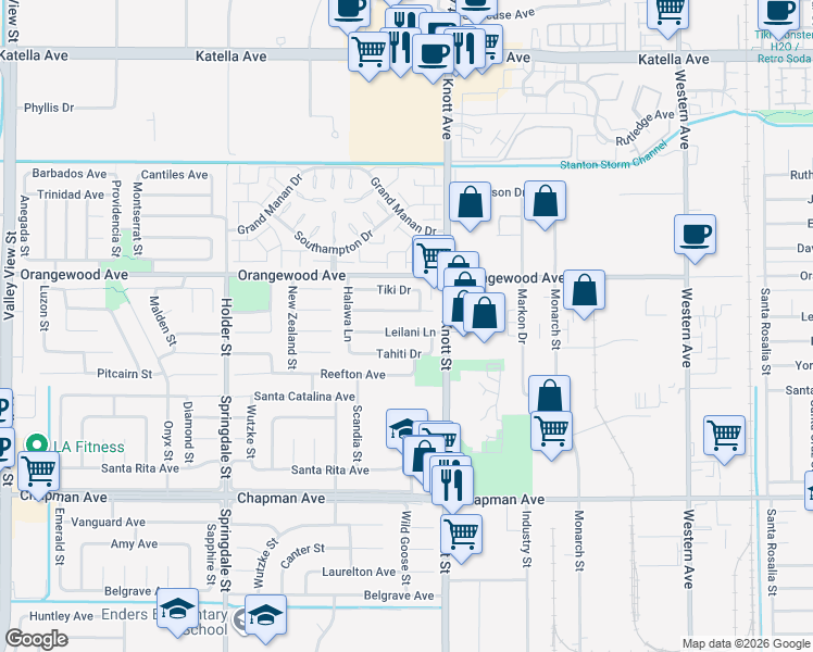 map of restaurants, bars, coffee shops, grocery stores, and more near 6897 Leilani Lane in Cypress