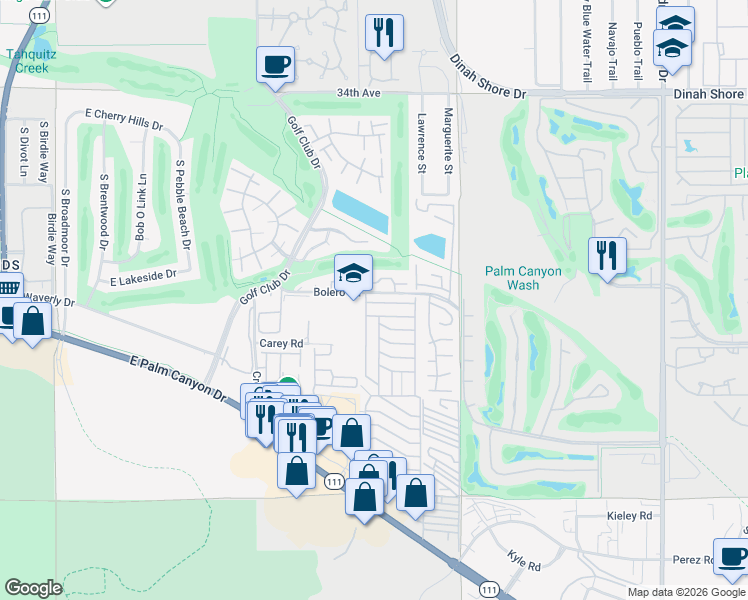 map of restaurants, bars, coffee shops, grocery stores, and more near 265 Encino Drive in Palm Springs
