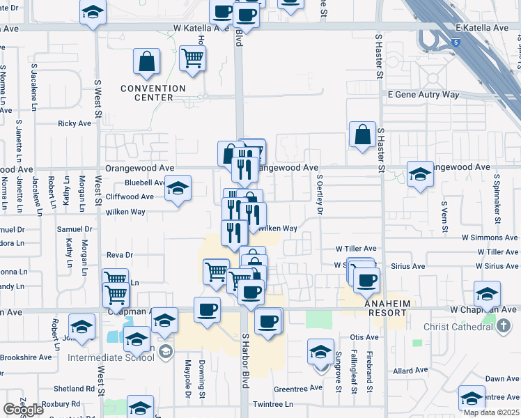 map of restaurants, bars, coffee shops, grocery stores, and more near 463 West Wilken Way in Anaheim