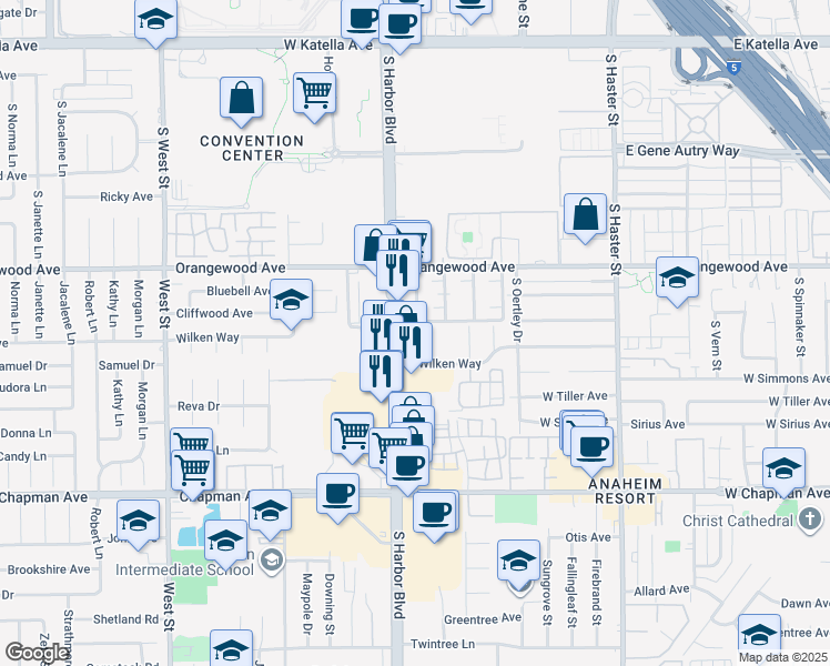 map of restaurants, bars, coffee shops, grocery stores, and more near 463 West Wilken Way in Anaheim
