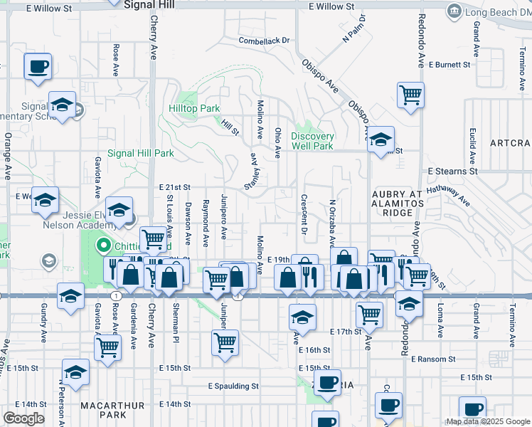 map of restaurants, bars, coffee shops, grocery stores, and more near 2001 Molino Avenue in Signal Hill