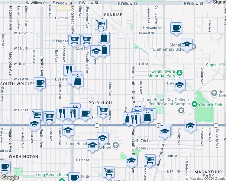 map of restaurants, bars, coffee shops, grocery stores, and more near 1998 East 20th Street in Long Beach