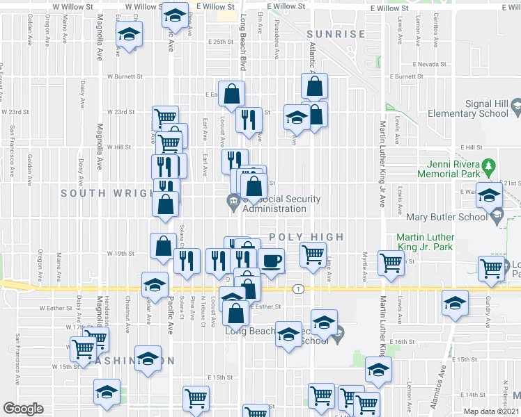 map of restaurants, bars, coffee shops, grocery stores, and more near 405 East 20th Street in Long Beach