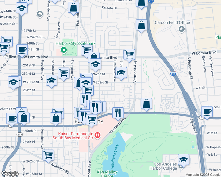 map of restaurants, bars, coffee shops, grocery stores, and more near 1041 Harbor Heights Drive in Los Angeles