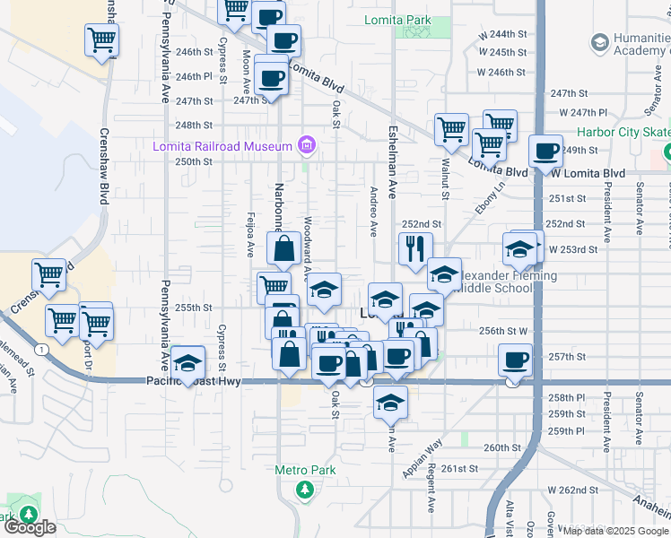 map of restaurants, bars, coffee shops, grocery stores, and more near 25400 Oak Street in Lomita