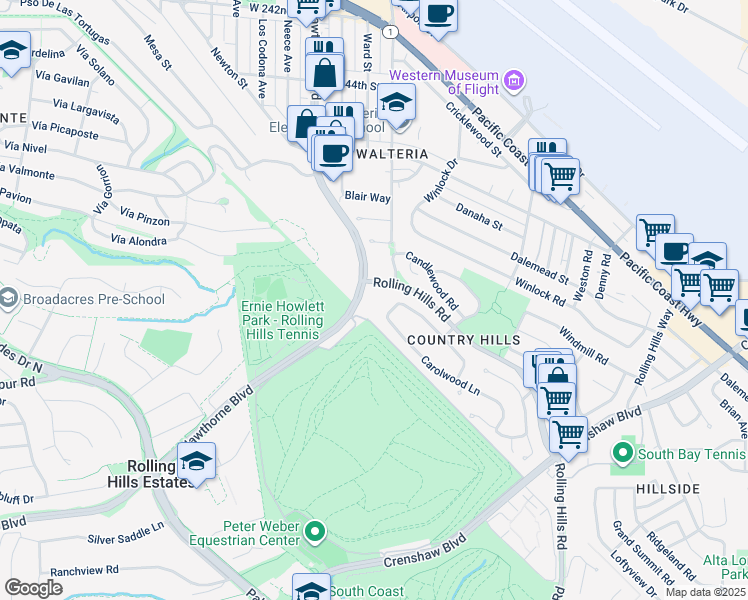 map of restaurants, bars, coffee shops, grocery stores, and more near 3232 Carolwood Lane in Torrance