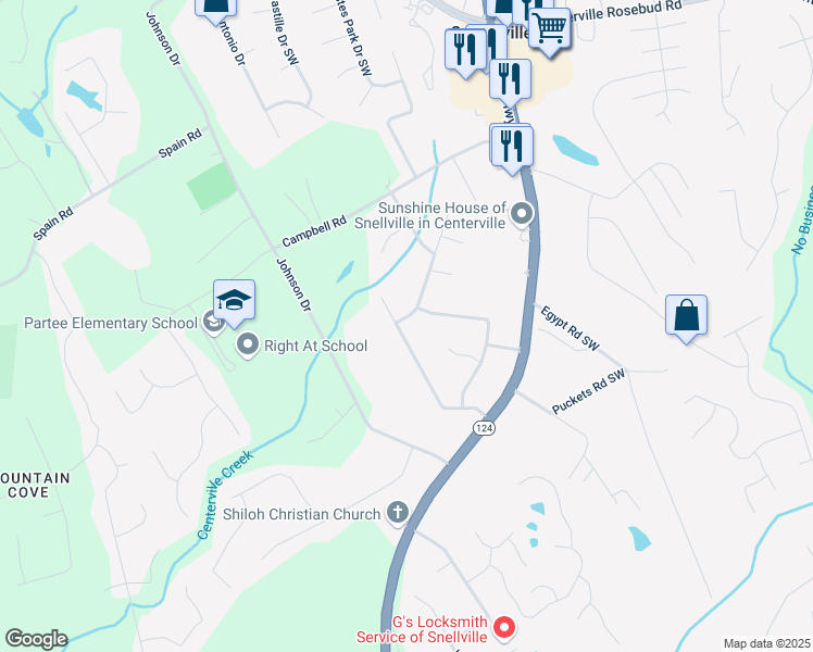map of restaurants, bars, coffee shops, grocery stores, and more near 4184 Red Laurel Way Southwest in Snellville