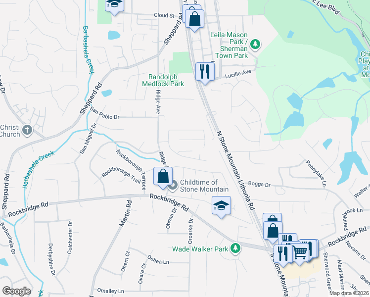 map of restaurants, bars, coffee shops, grocery stores, and more near 5384 Ridge Forest Drive in Stone Mountain