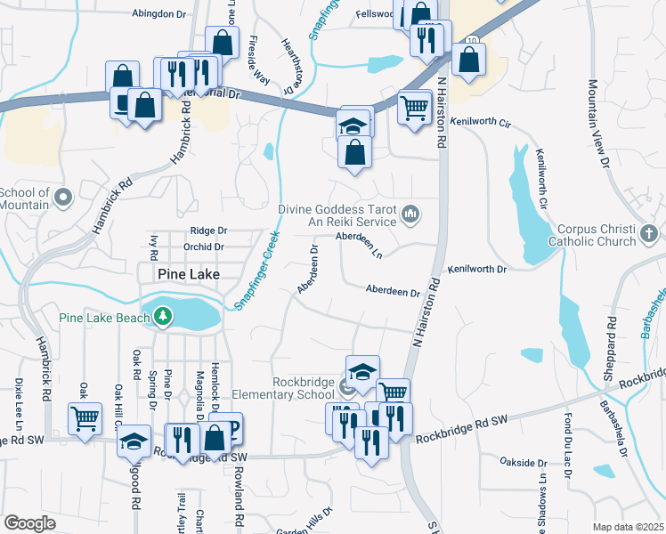 map of restaurants, bars, coffee shops, grocery stores, and more near 691 Aberdeen Drive in Stone Mountain