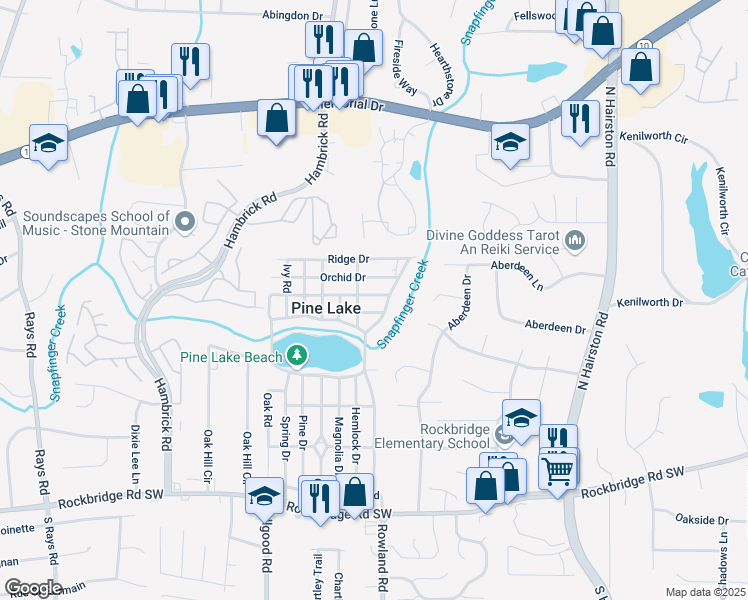 map of restaurants, bars, coffee shops, grocery stores, and more near 4649 Dahlia Drive in Pine Lake