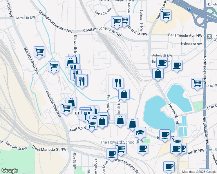 map of restaurants, bars, coffee shops, grocery stores, and more near 1429 Fairmont Street Northwest in Atlanta