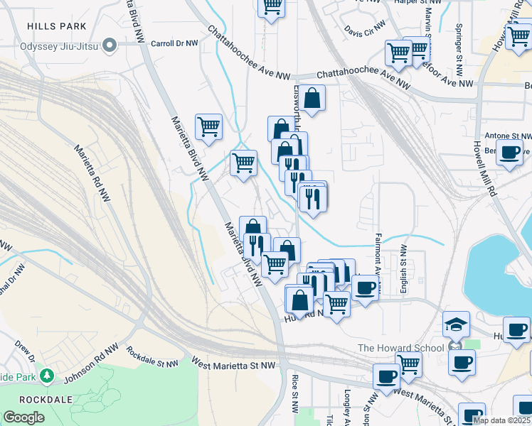 map of restaurants, bars, coffee shops, grocery stores, and more near 1382 Stirling Circle Northwest in Atlanta