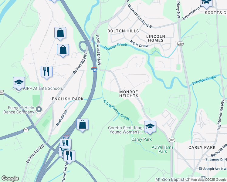 map of restaurants, bars, coffee shops, grocery stores, and more near 2920 Ilir Manor Northwest in Atlanta