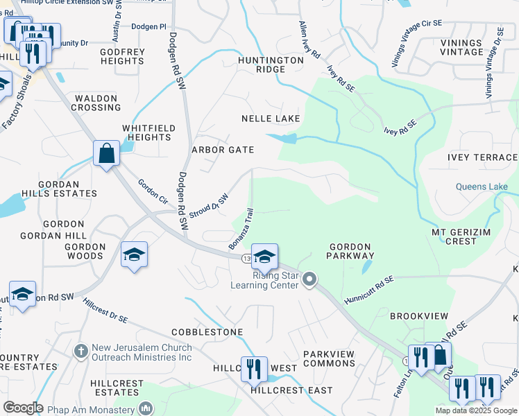 map of restaurants, bars, coffee shops, grocery stores, and more near 20 Hidden Court in Mableton