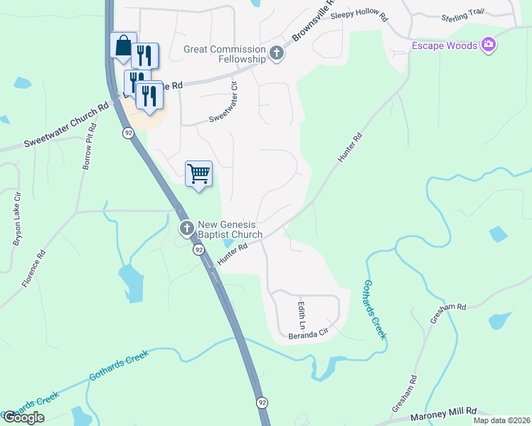 map of restaurants, bars, coffee shops, grocery stores, and more near 40 Mary Hill way in Douglasville