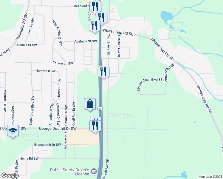 map of restaurants, bars, coffee shops, grocery stores, and more near 1520 Church Avenue Southeast in Jacksonville