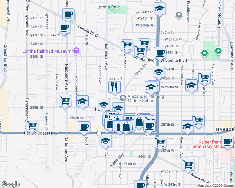 map of restaurants, bars, coffee shops, grocery stores, and more near 1928 253rd Place in Lomita