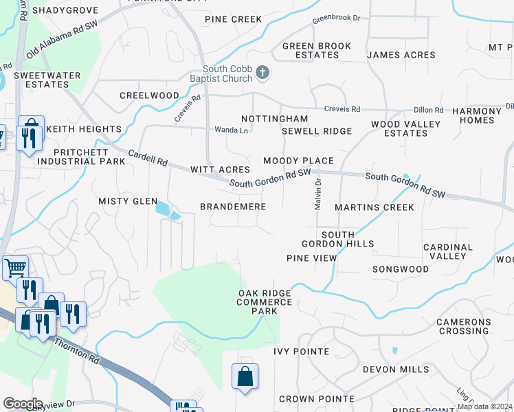 map of restaurants, bars, coffee shops, grocery stores, and more near 1724 Brandemere Drive Southwest in Austell