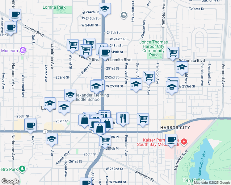 map of restaurants, bars, coffee shops, grocery stores, and more near 1643 254th Street in Los Angeles