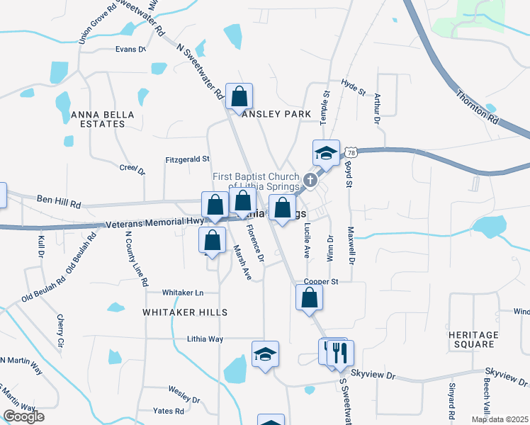 map of restaurants, bars, coffee shops, grocery stores, and more near 3601 Bankhead Highway in Douglasville