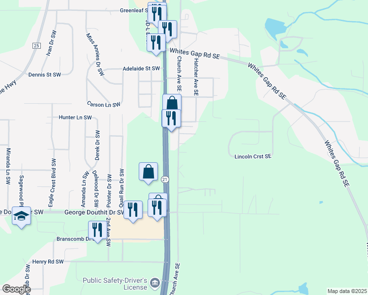 map of restaurants, bars, coffee shops, grocery stores, and more near 1520 Church Avenue Southeast in Jacksonville