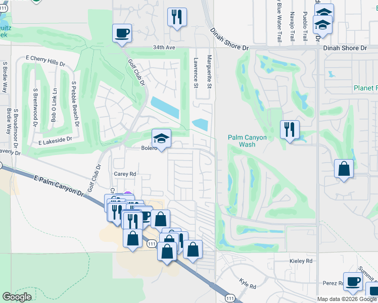 map of restaurants, bars, coffee shops, grocery stores, and more near 356 Saguaro Drive in Palm Springs