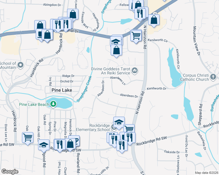 map of restaurants, bars, coffee shops, grocery stores, and more near 571 Aberdeen Drive in Stone Mountain
