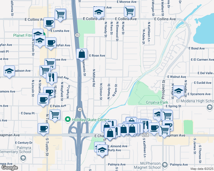 map of restaurants, bars, coffee shops, grocery stores, and more near 440 North Handy Street in Orange