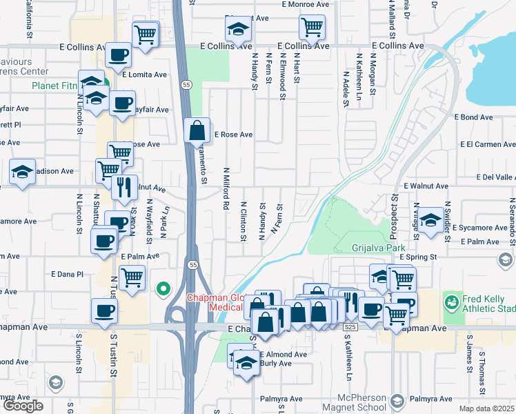map of restaurants, bars, coffee shops, grocery stores, and more near 440 North Handy Street in Orange