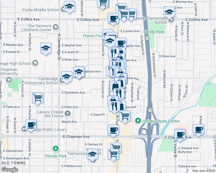 map of restaurants, bars, coffee shops, grocery stores, and more near 444 North Shattuck Place in Orange