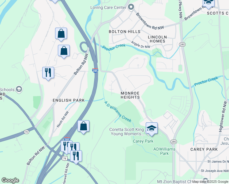 map of restaurants, bars, coffee shops, grocery stores, and more near 2920 Ilir Manor Northwest in Atlanta