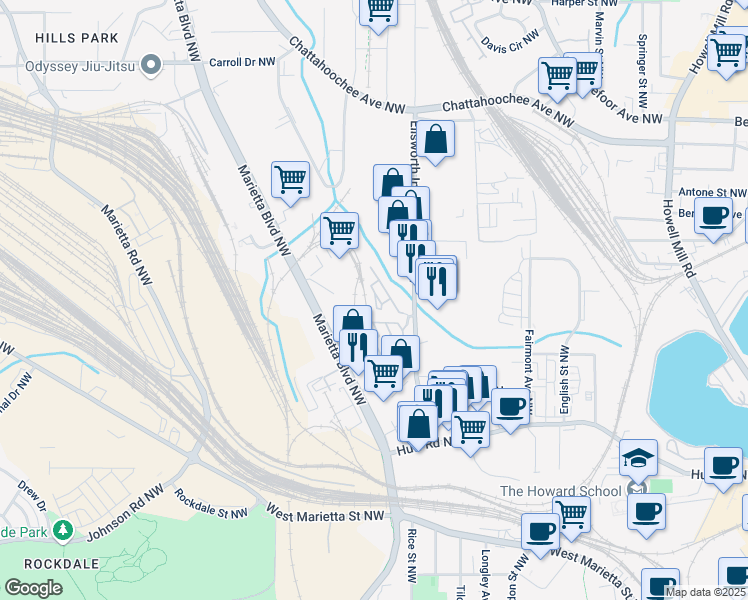 map of restaurants, bars, coffee shops, grocery stores, and more near 1382 Stirling Circle Northwest in Atlanta