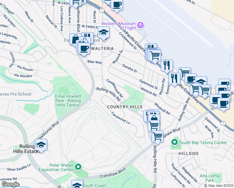 map of restaurants, bars, coffee shops, grocery stores, and more near 3252 Candlewood Road in Torrance