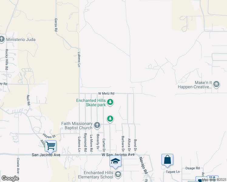 map of restaurants, bars, coffee shops, grocery stores, and more near 1378 West Metz Road in Perris