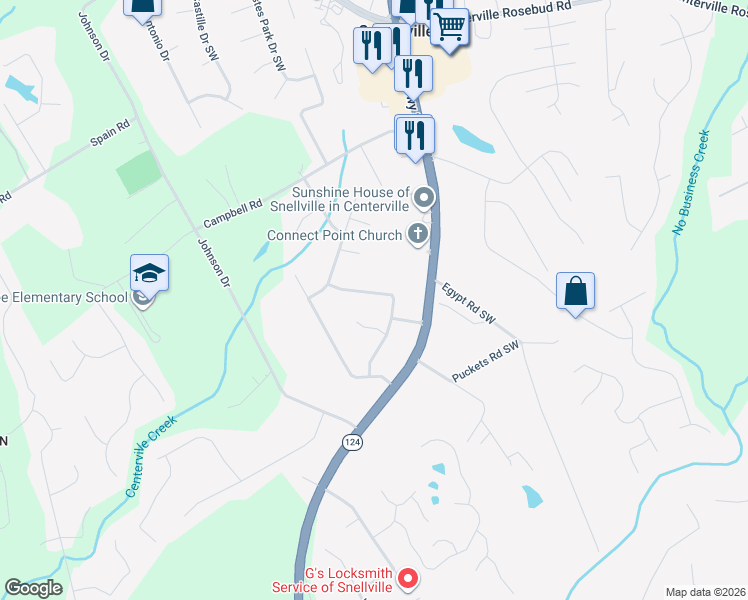 map of restaurants, bars, coffee shops, grocery stores, and more near 3765 Saddle Ridge Drive Southwest in Snellville