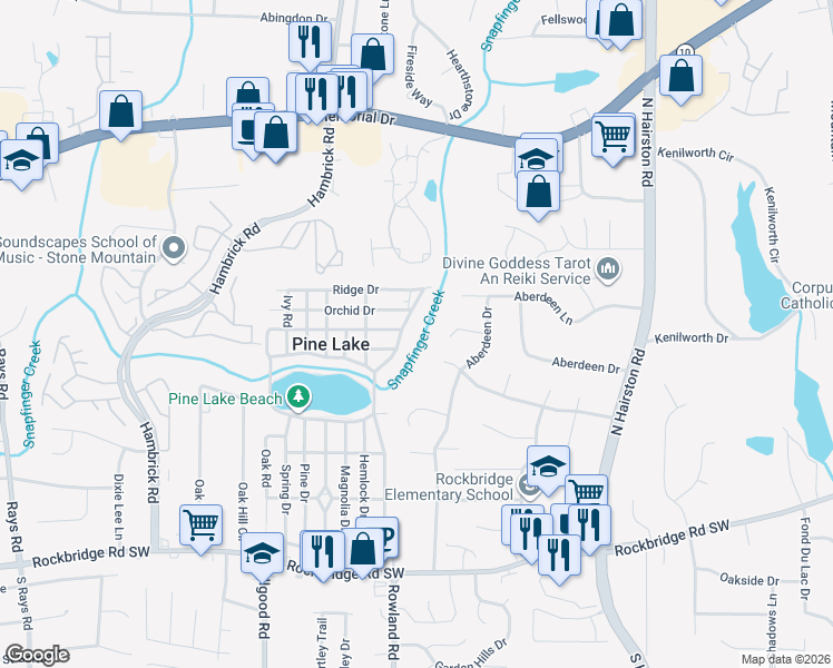 map of restaurants, bars, coffee shops, grocery stores, and more near 623 Spruce Drive in Pine Lake