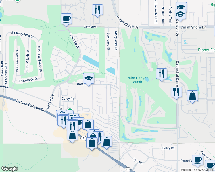 map of restaurants, bars, coffee shops, grocery stores, and more near 358 Club Circle Drive in Palm Springs