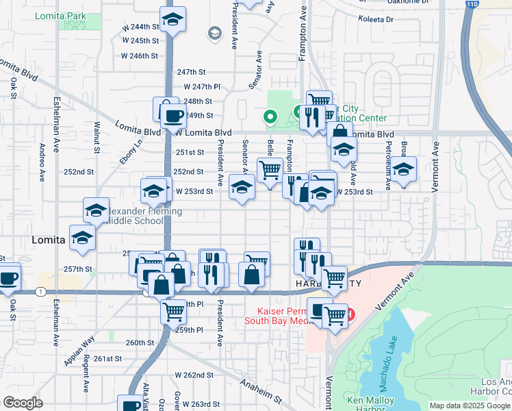 map of restaurants, bars, coffee shops, grocery stores, and more near 1422 254th Street in Los Angeles