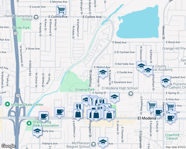 map of restaurants, bars, coffee shops, grocery stores, and more near 3321 East Penzance Lane in Orange