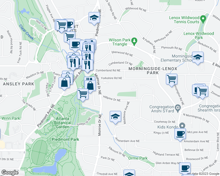 map of restaurants, bars, coffee shops, grocery stores, and more near 1445 Monroe Drive Northeast in Atlanta