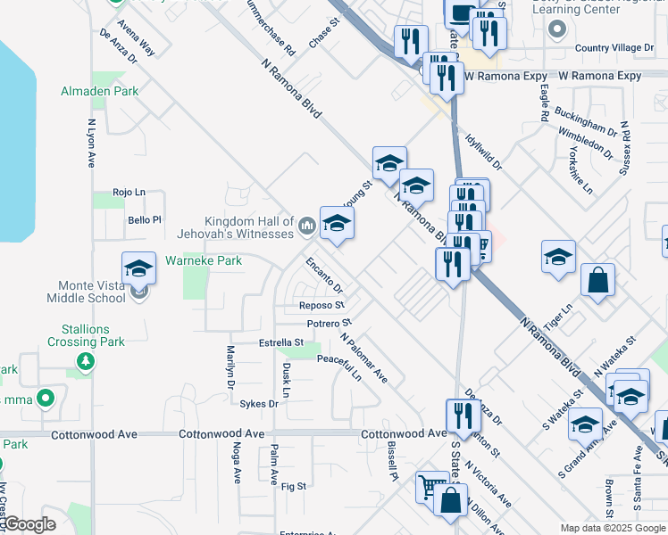 map of restaurants, bars, coffee shops, grocery stores, and more near 1058 De Anza Drive in San Jacinto