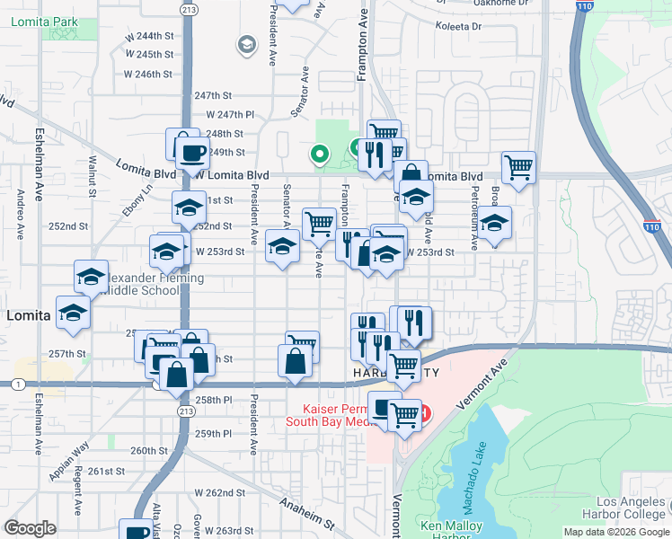 map of restaurants, bars, coffee shops, grocery stores, and more near 1343 254th Street in Los Angeles