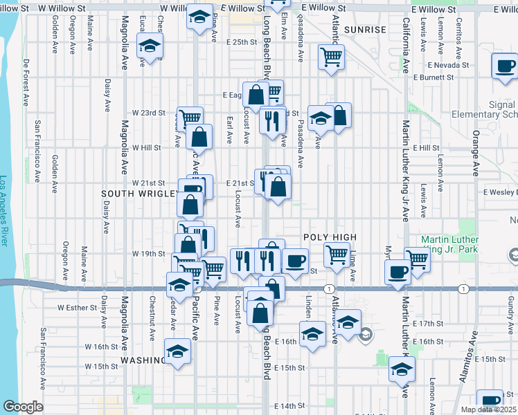 map of restaurants, bars, coffee shops, grocery stores, and more near 2005 Long Beach Boulevard in Long Beach
