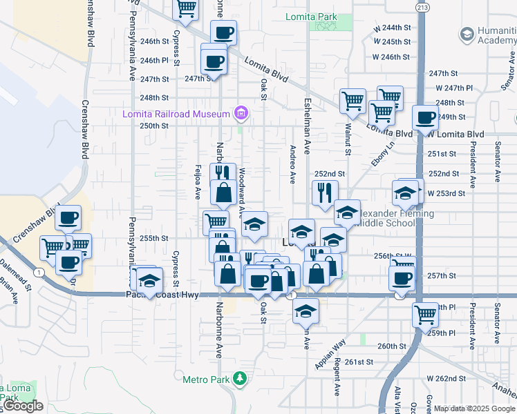 map of restaurants, bars, coffee shops, grocery stores, and more near 2110 253rd Place in Lomita