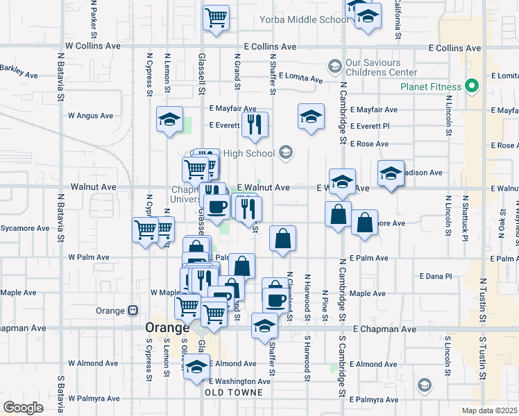 map of restaurants, bars, coffee shops, grocery stores, and more near 437 North Center Street in Orange